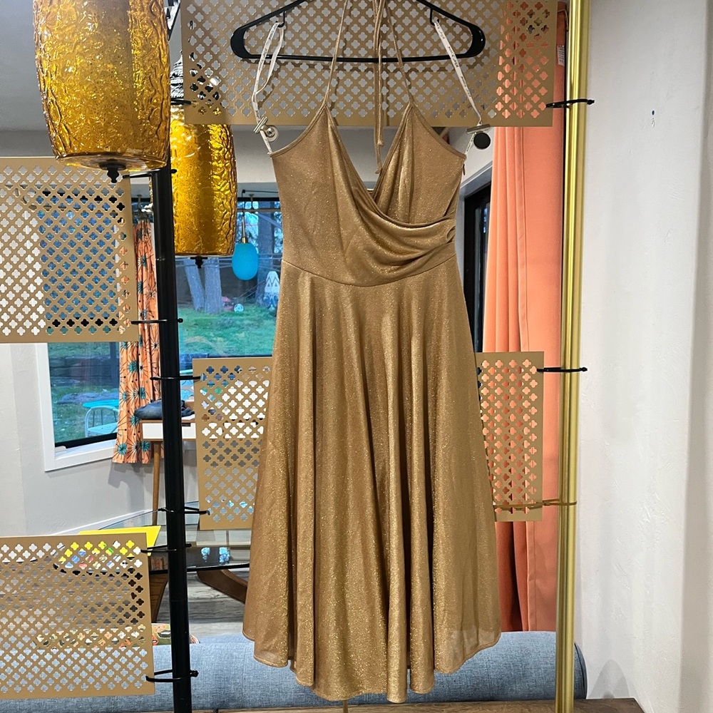 ✨VINTAGE Y2K✨ Betsey Johnson Gold Disco Halter Dress Size P/Small